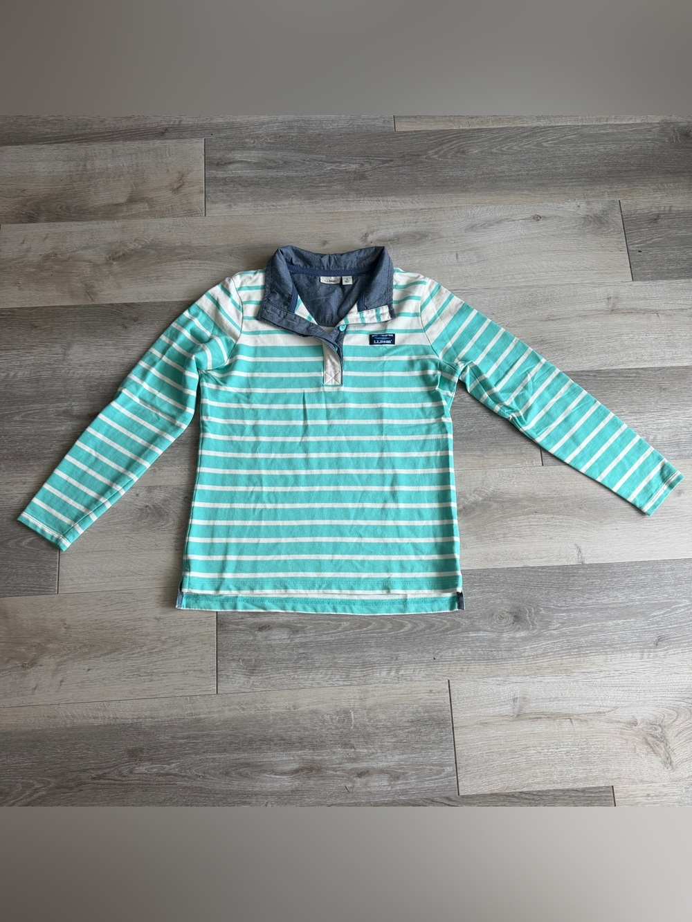 VTG L.L. Bean Teal Mint & White Striped Long-Sleeve Polo Pullover Navy Collar S